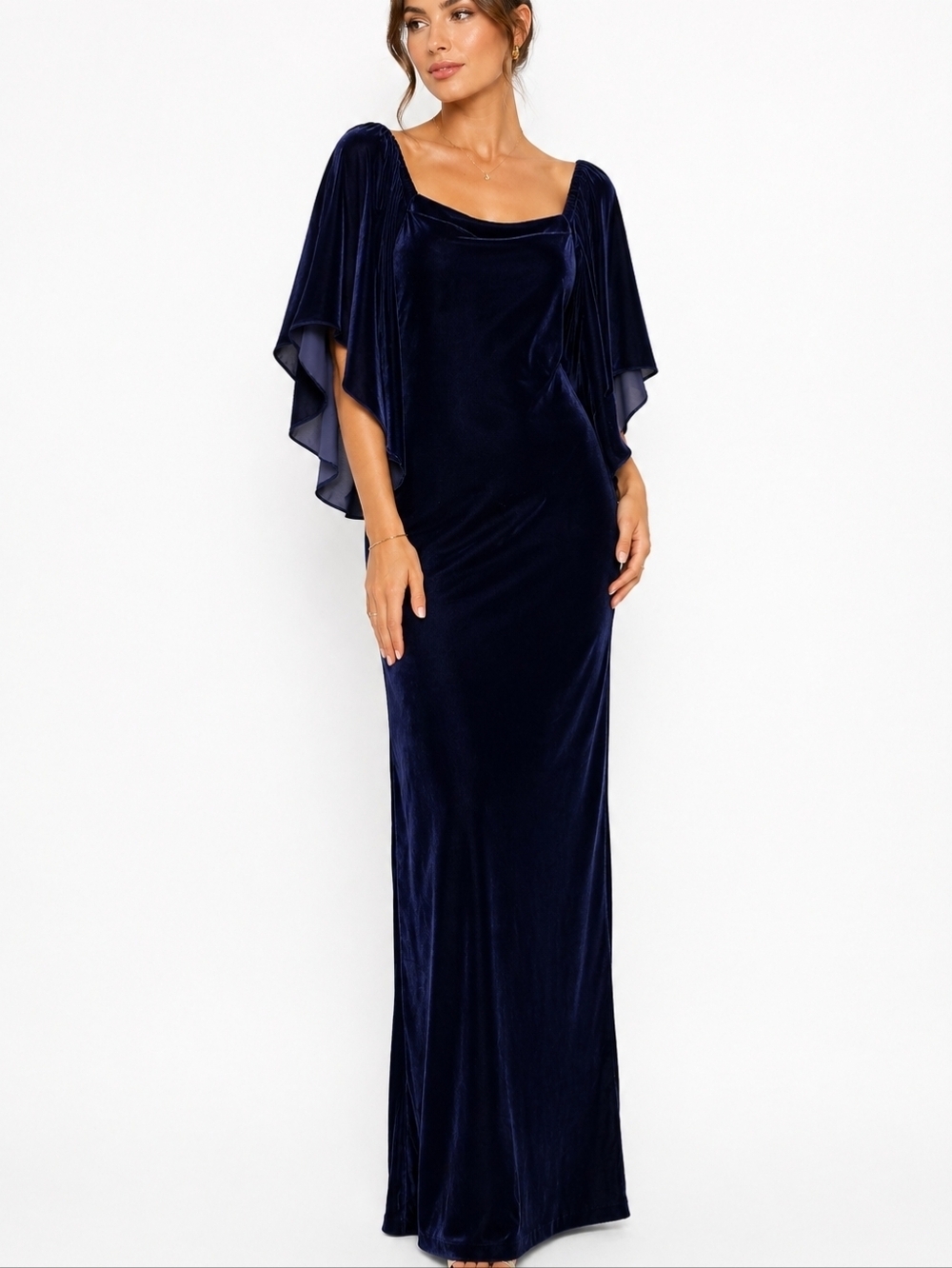 Anna Cate Midnight Velvet Butterfly Sleeve Midi Dress Square Neck Romantic Blue